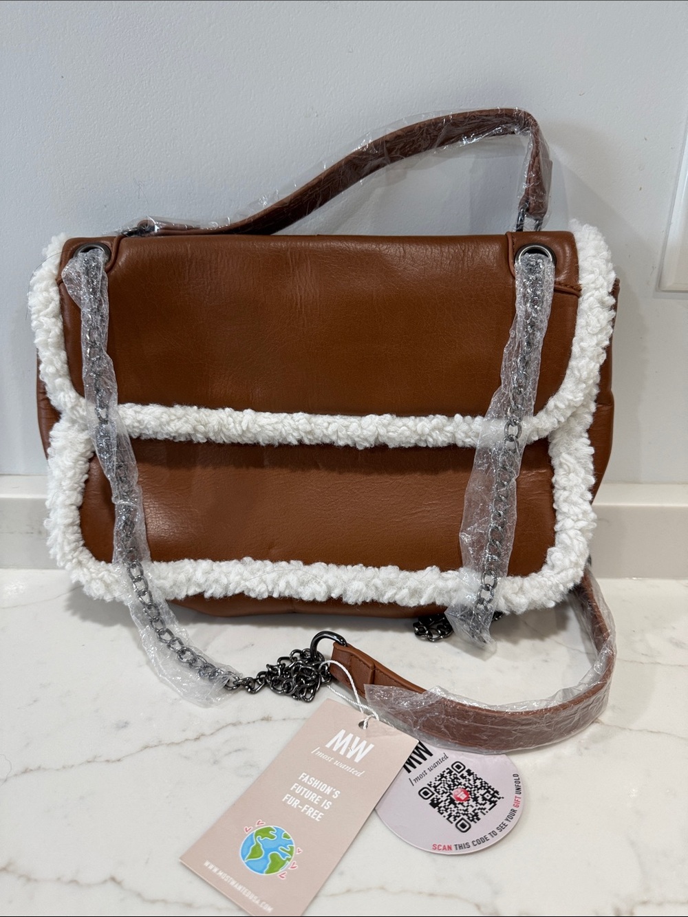 MW Brown Faux-Leather Shoulder Bag with White Shearling Trim